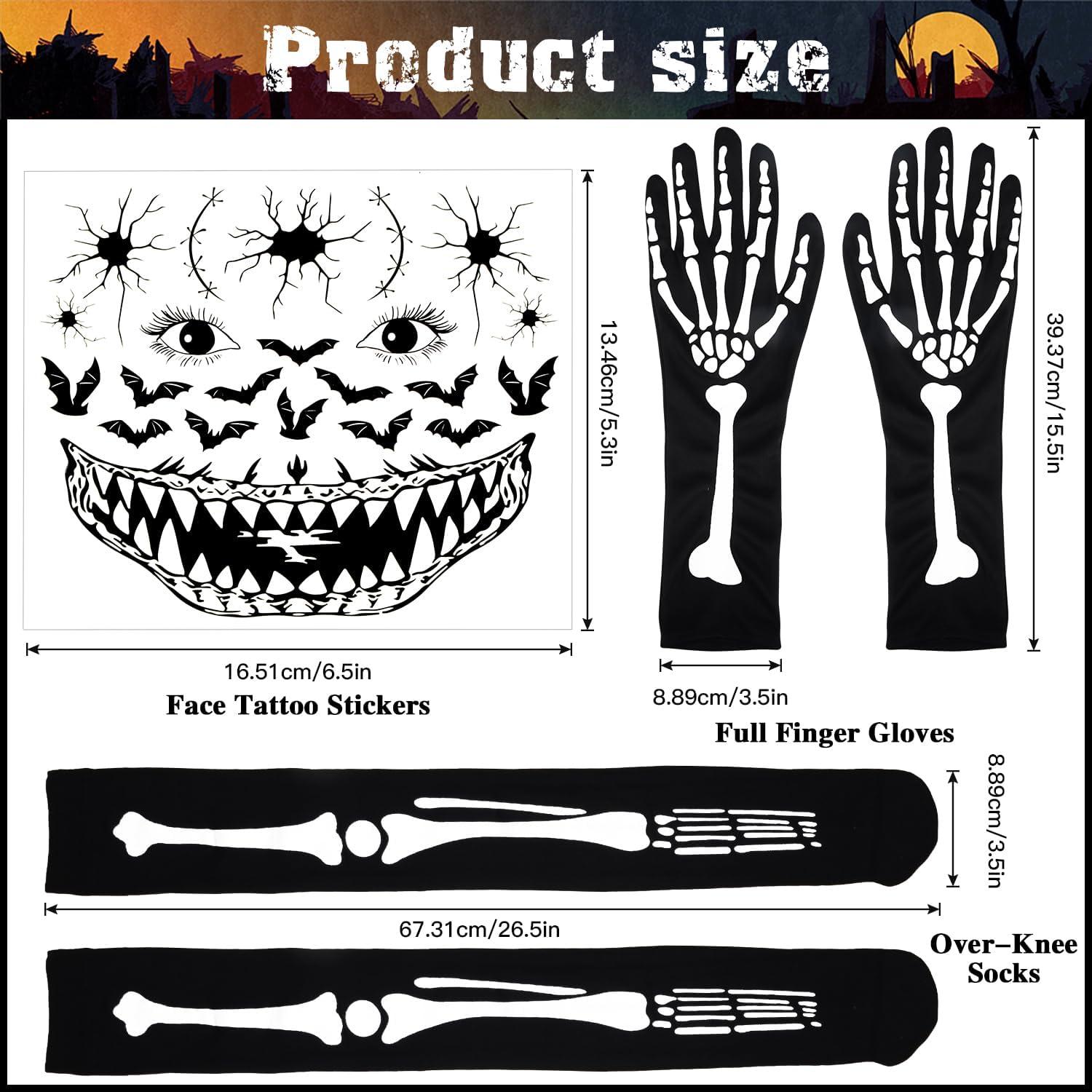 Halloween Skelett Kostümset Handschuhe Strumpfhose Tattoo