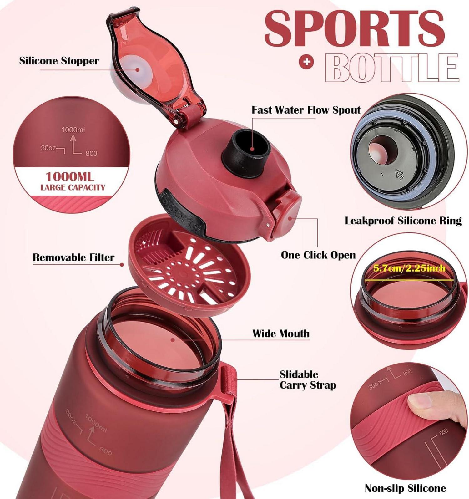 Sport Trinkflasche BPA-frei Auslaufsicher 1L Fitness Büro Reisen Rot