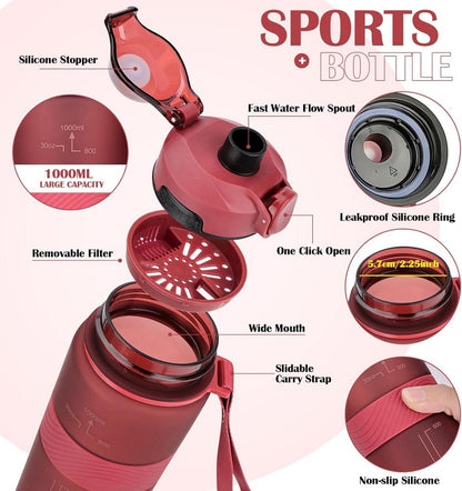 Sport Trinkflasche BPA-frei Auslaufsicher 1L Fitness Büro Reisen Rot
