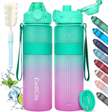 Sportliche BPA-freie Trinkflasche 1L Auslaufsicher Grün Rosa