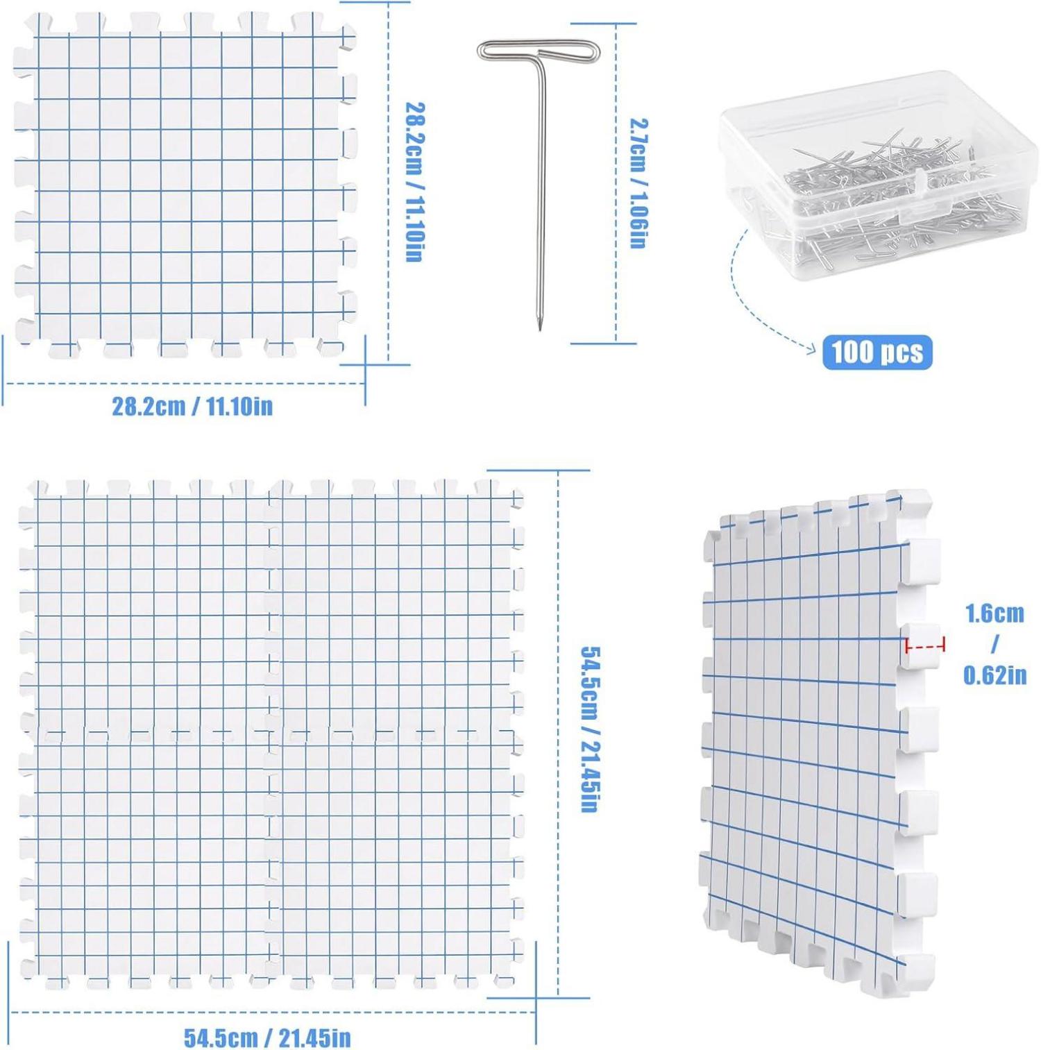 Spannmatten Set 4er Pack mit T-Nadeln für Stricken Häkeln, Blockiermatten 28cm Quadrat