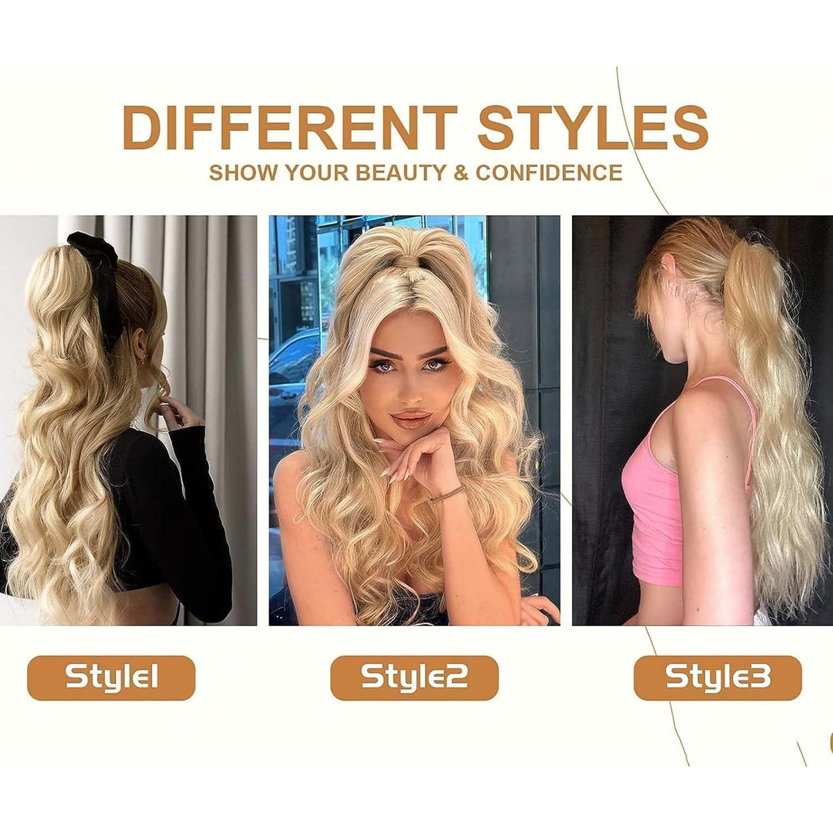 Langer, aschblonder Pferdeschwanz mit Locken und Kordelzug