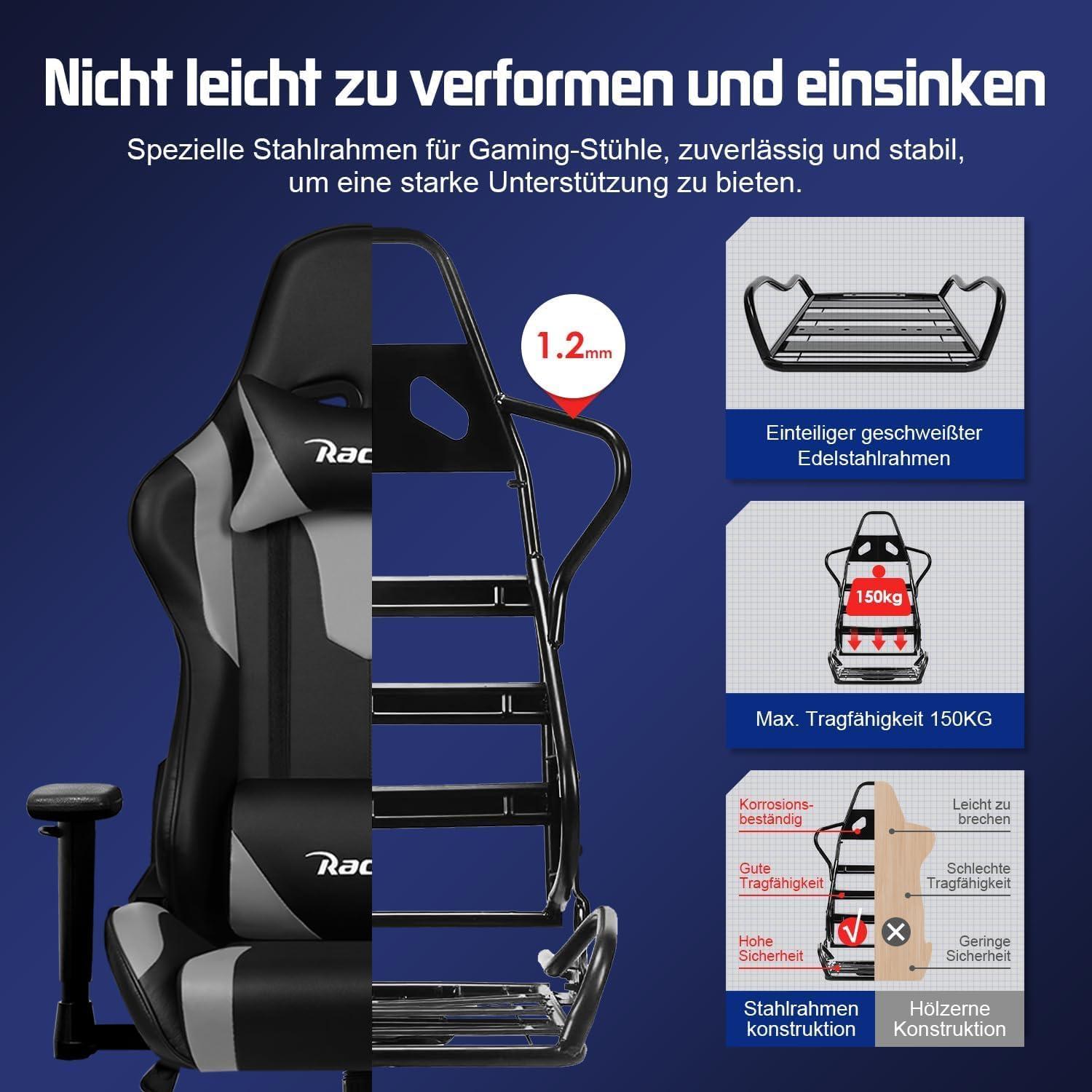 Gaming Stuhl Bürostuhl Verstellbar mit Lendenkissen Kopfkissen Armlehnen
