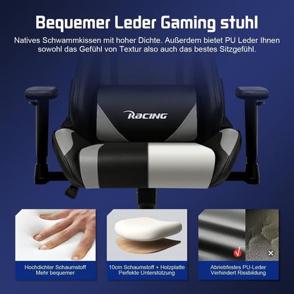 Gaming Stuhl Bürostuhl Ergonomisch Verstellbar mit Lenden- und Kopfkissen - Gepolstert - Wippfunktion - Bis 150 kg