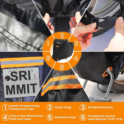 Motorradabdeckung Wasserdicht 420D Oxford-Stoff Nummernschildfenster 4 reflektierende Streifen 205x95x110cm