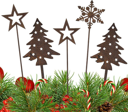 Gartenstecker Weihnachtsbaum Schneeflocke Deko Metall Rost 5er-Set