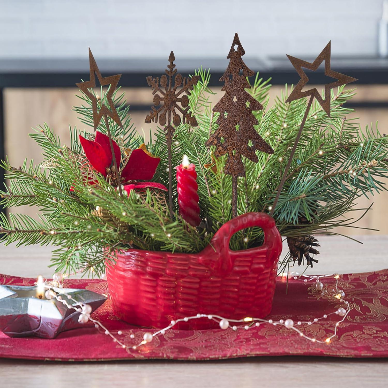 Gartenstecker Weihnachtsbaum Schneeflocke Rost Metall Deko 5er Set
