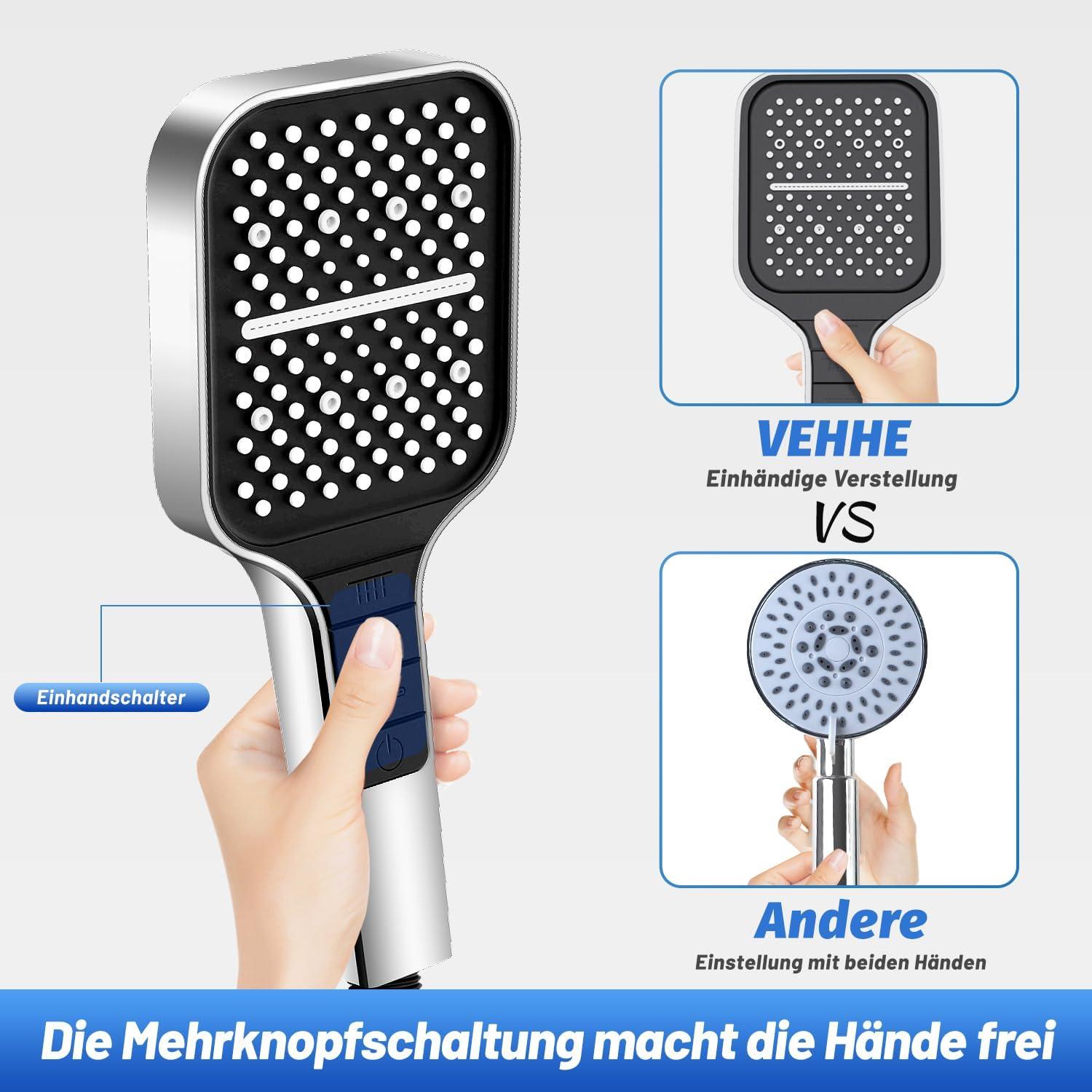 Wassersparender Duschkopf 7 Strahlarten Regendusche Stopptaste Silber