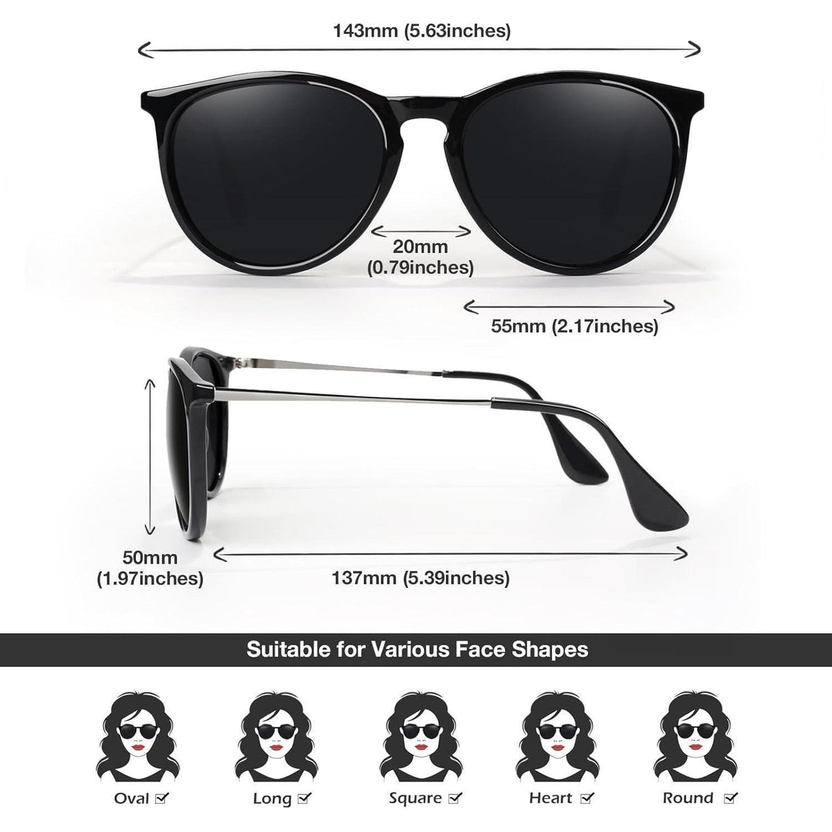 Polarisierte Retro Sonnenbrille Damen Vintage Rund UV400 Schutz Glänzend Schwarz Grau