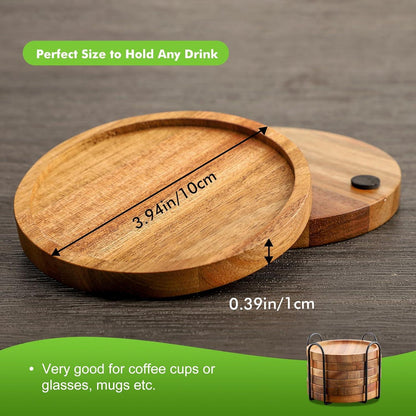 Holz Untersetzer Set für Gläser, Tassen, Flaschen - Akazienholz 6er mit Halter