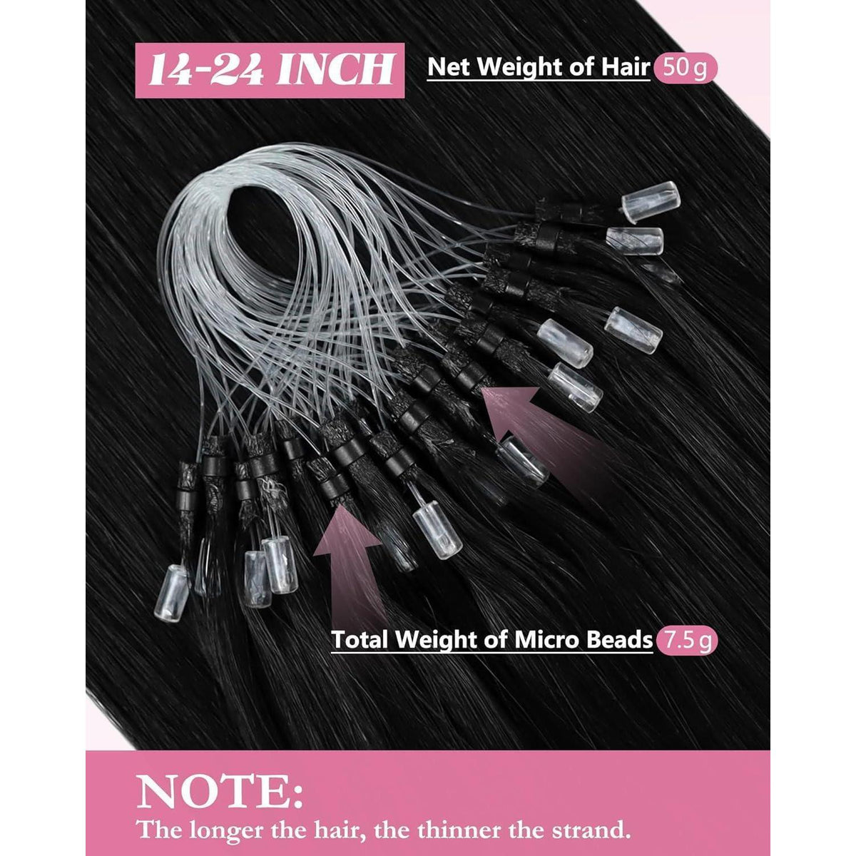 Schwarz 50cm Echthaar Micro Ring Extensions - Haarverlängerung