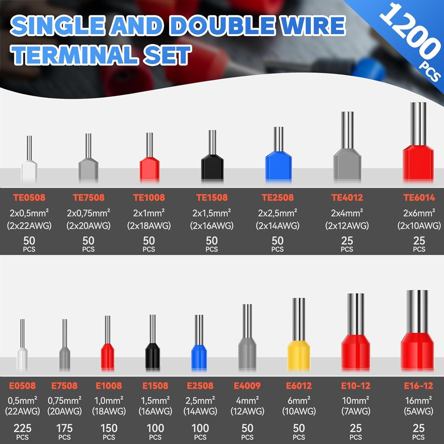 Aderendhülsen Set 0.5mm²-16mm² Isoliert 1200 Stück