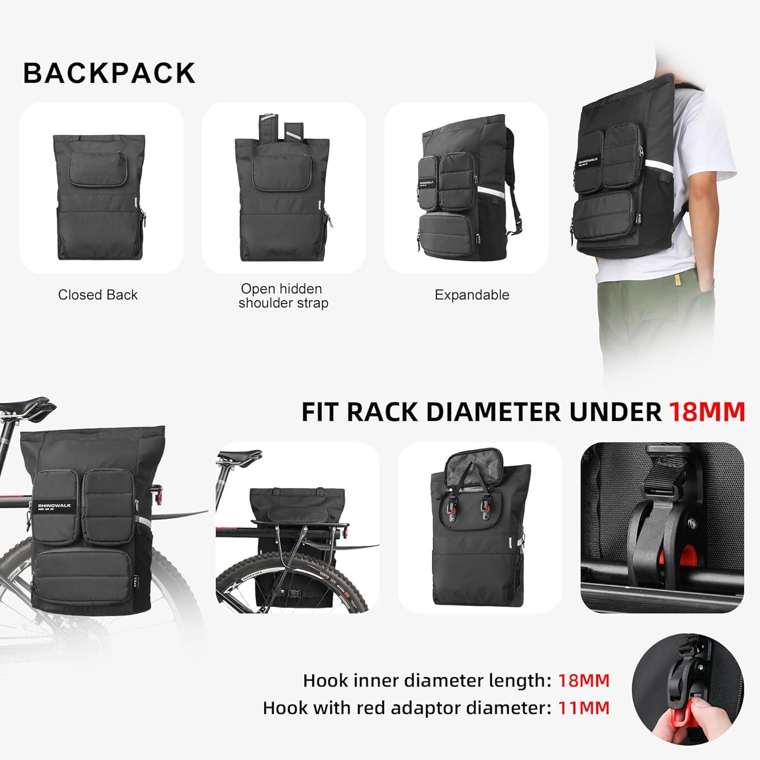 Fahrrad Gepäckträgertasche 25L Schwarz mit Regenschutz & Schultergurt