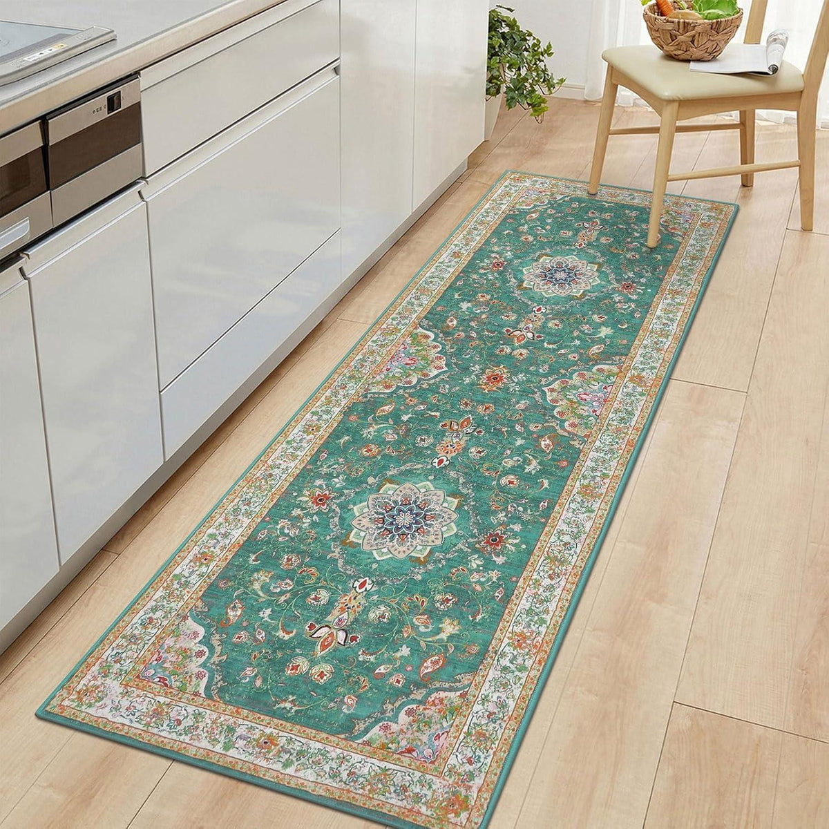 Läufer Teppich 60x180 cm Grün, waschbar & rutschfest
