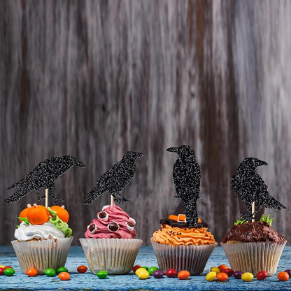 12er Set Halloween Cupcake Toppers Krähen Party Deko Schwarz