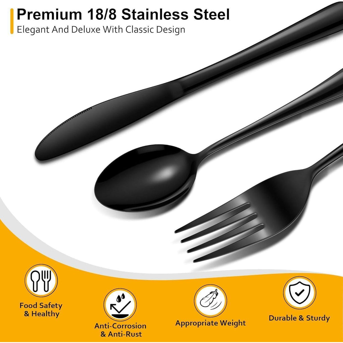 Besteckset Schwarz 48 Teile für 8 Personen mit Steakmessern