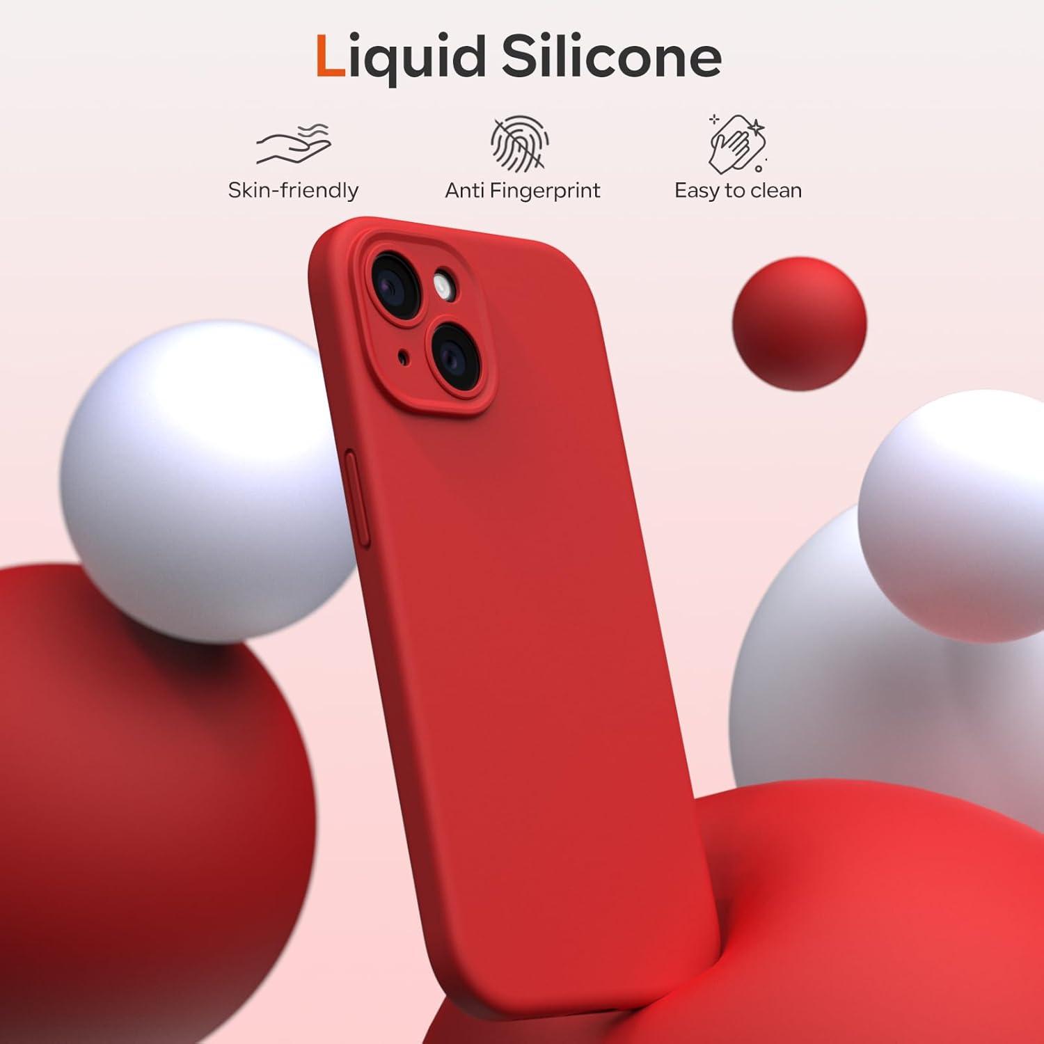 iPhone 15 Liquid Silicone Hülle mit Kameraschutz und Schutzfolie - Rot