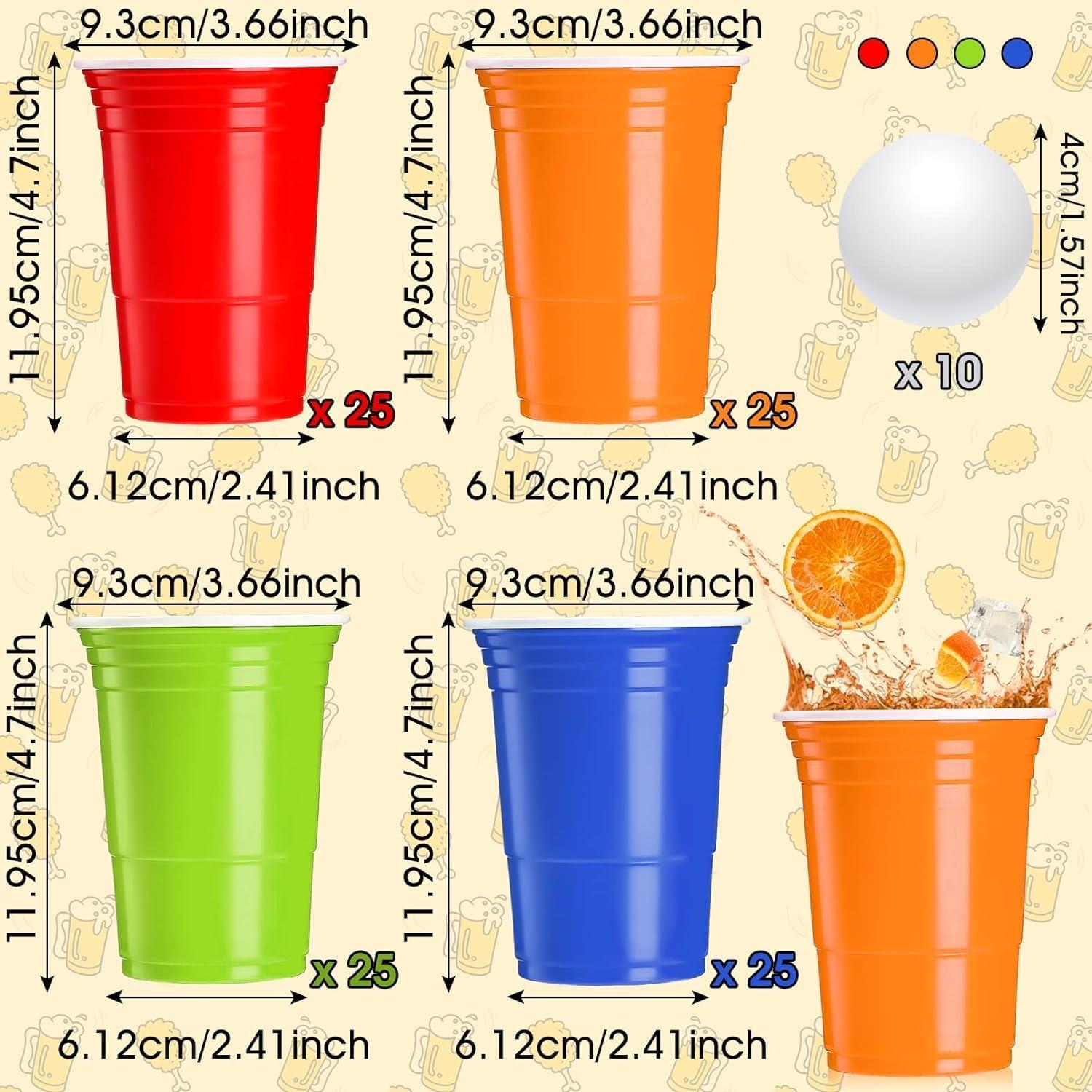 100x LATERN Plastikbecher Set 480ml Bier Pong Red Blau Grün Orange Becher 10 Tischtennisbälle
