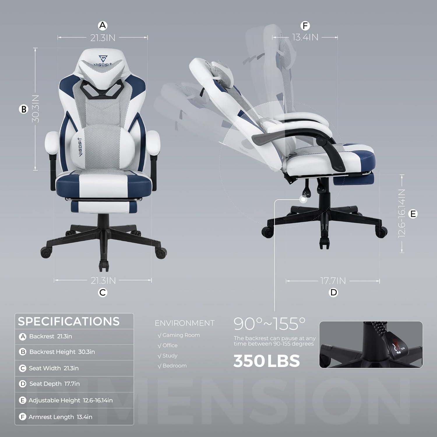 Vigosit Gaming Chair PRO mit Sitzkissen Fußstütze, Ergonomisch, Bürostuhl, Weiß Blau