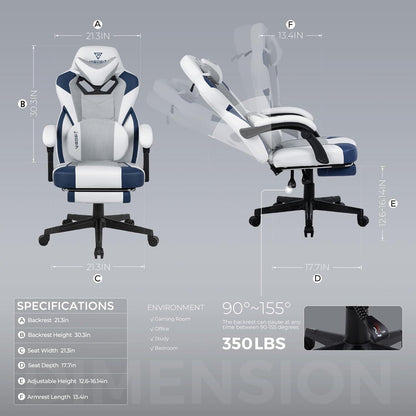 Vigosit Gaming Chair PRO mit Sitzkissen Fußstütze, Ergonomisch, Bürostuhl, Weiß Blau