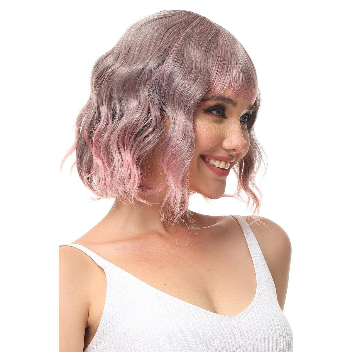 Rosa Ombre Lockige Bob Perücke mit Pony – Cosplay Perücke Damen