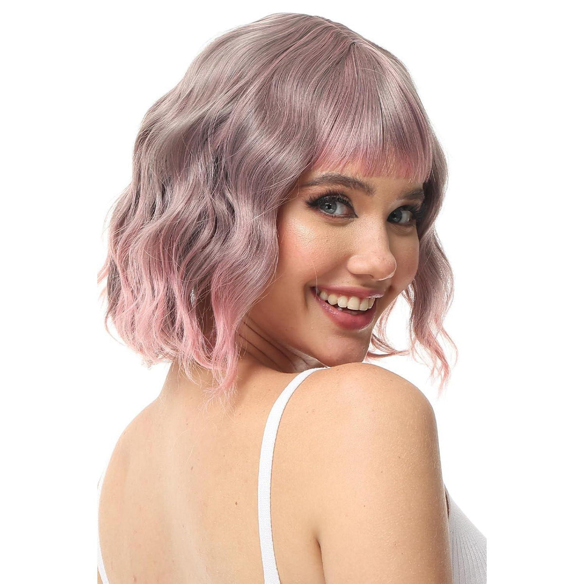 Rosa Ombre Lockige Bob Perücke mit Pony – Cosplay Perücke Damen