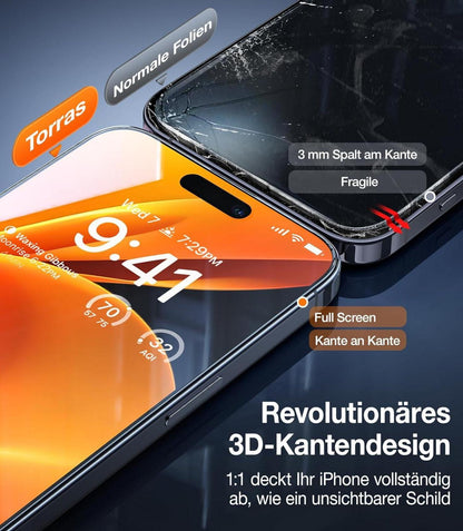 TORRAS Vollbildschutz für iPhone 15 Pro Panzerglas 9H+ 2er Set