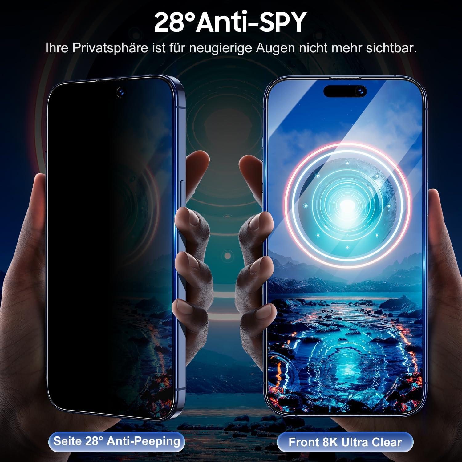Panzerglas Sichtschutz für iPhone 15 Pro Max 2er Pack Anti Spy Folie