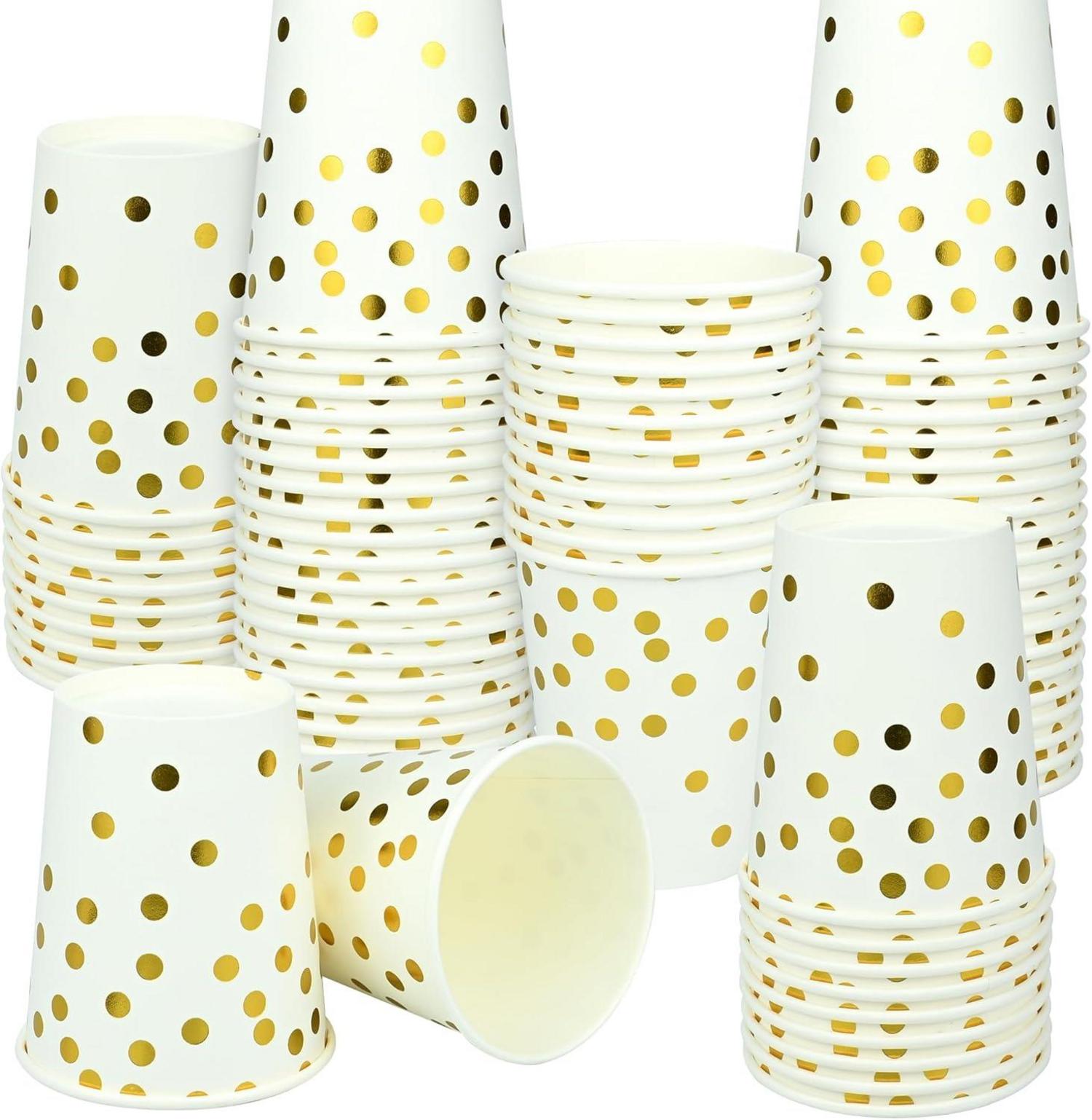 100 Stück 250ml Goldene Partybecher mit Punkten, Biologisch Abbaubar