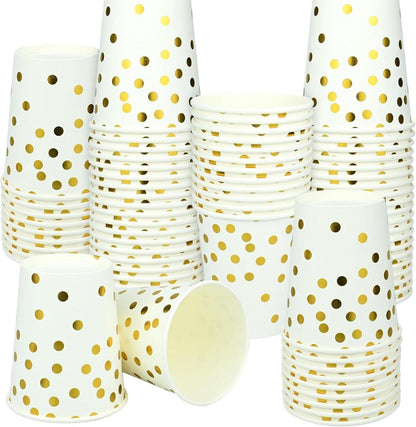 100 Stück 250ml Goldene Partybecher mit Punkten, Biologisch Abbaubar