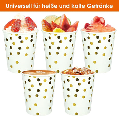 100 Stück 250ml Goldene Partybecher mit Punkten, Biologisch Abbaubar