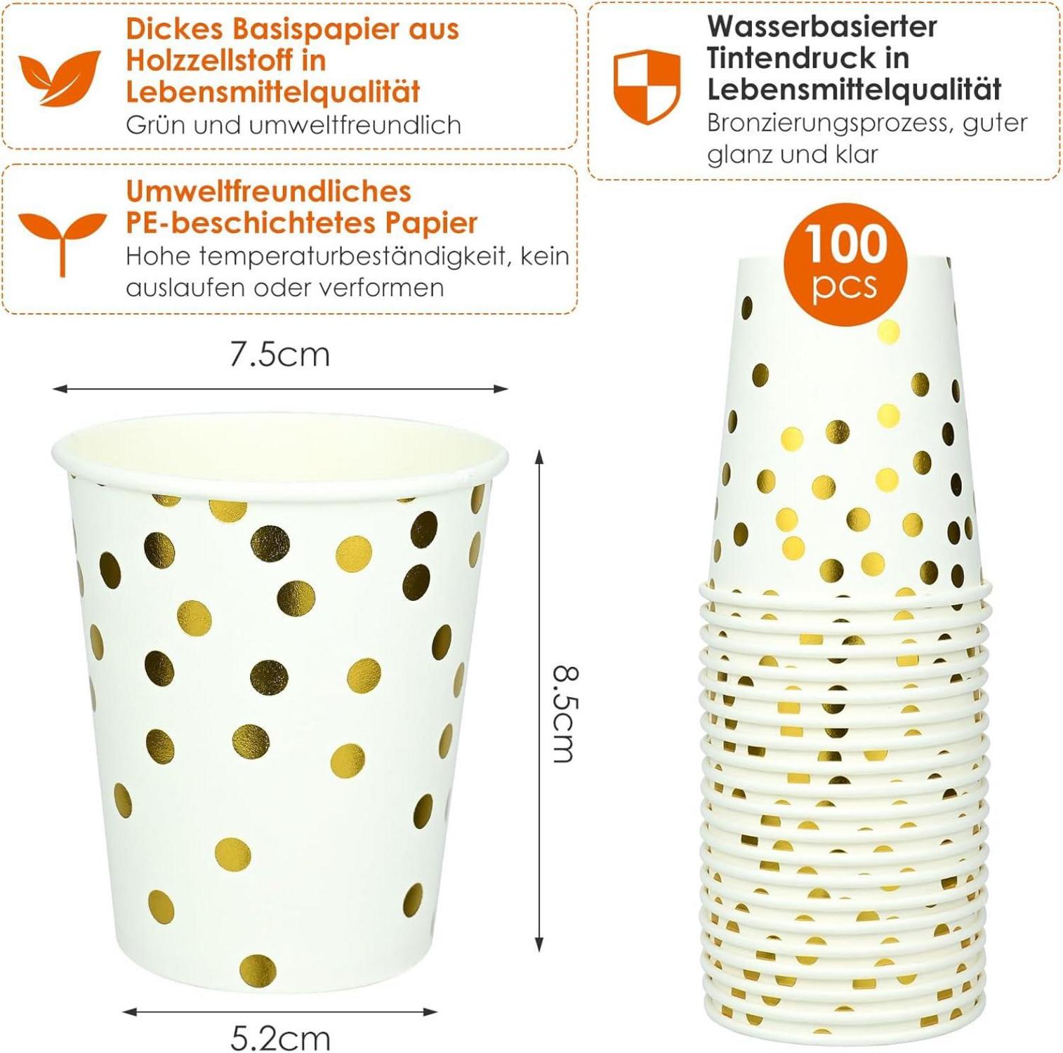 100er Pack 250ml Pappbecher mit Gold Punkten, biologisch abbaubar, für Party, Geburtstag