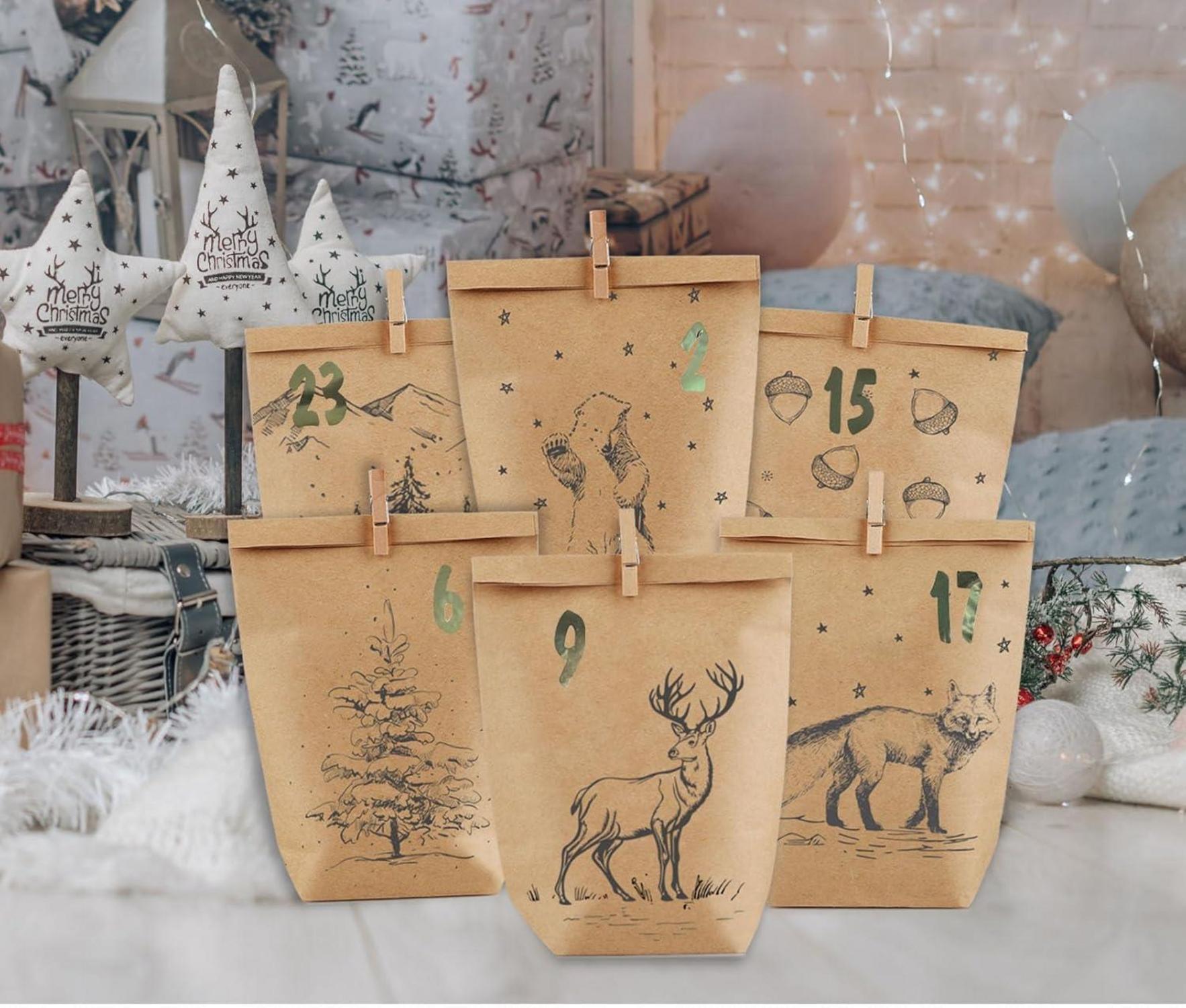 Adventskalender zum Befüllen 24 Weihnachtstüten Geschenk Kraftpapiertüten