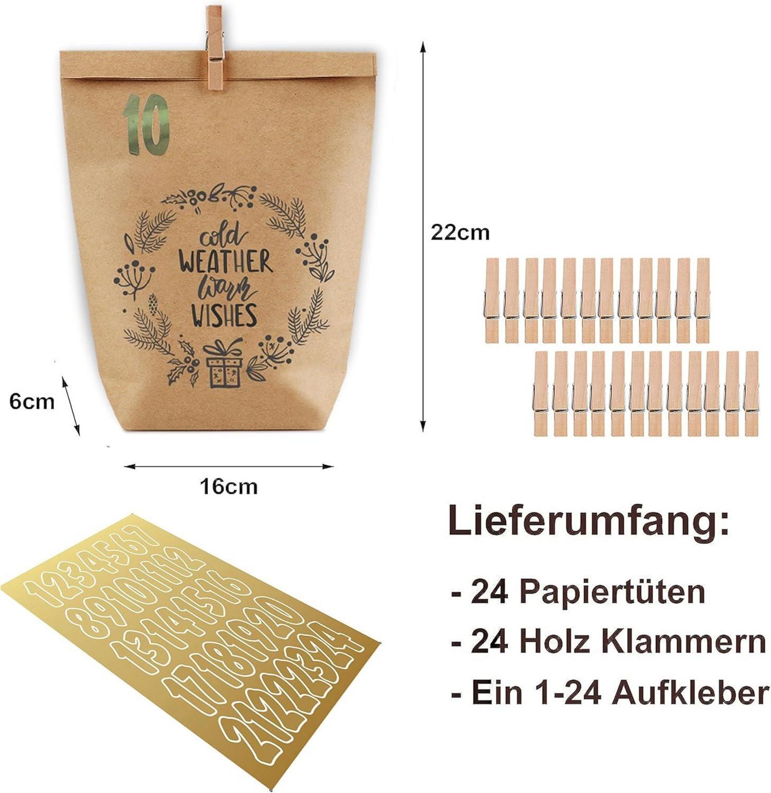 Adventskalender zum Befüllen 24 Weihnachtskalender Papiertüten