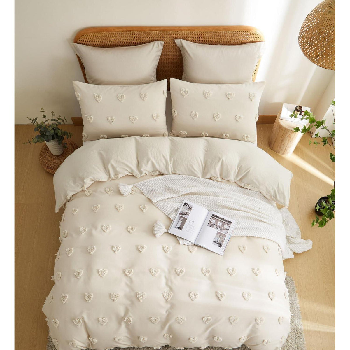 Boho Bettwäsche-Set 220x240 Beige Getuftet Herz
