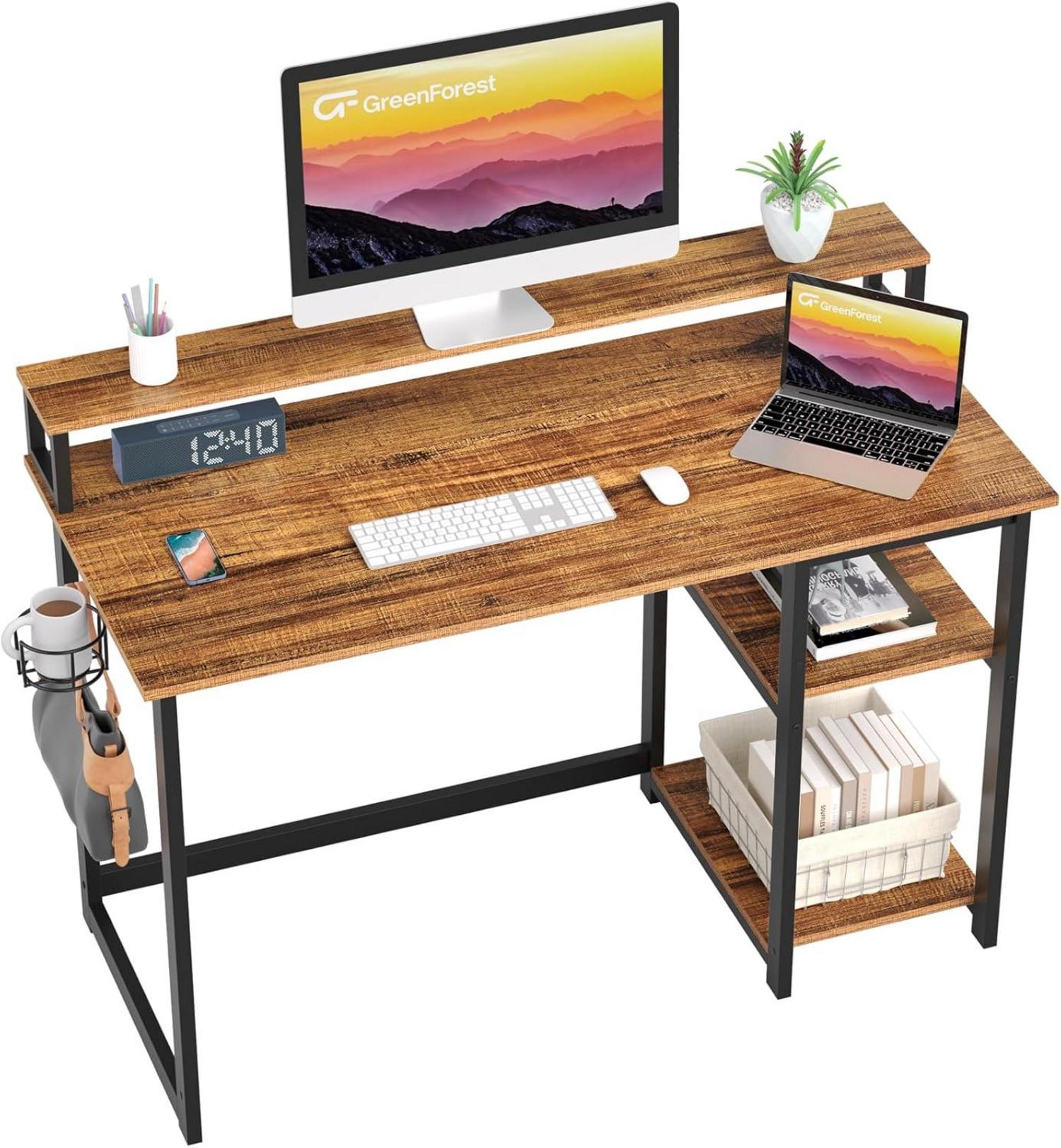 Moderne Schreibtisch mit Regal und Monitorständer, Braun