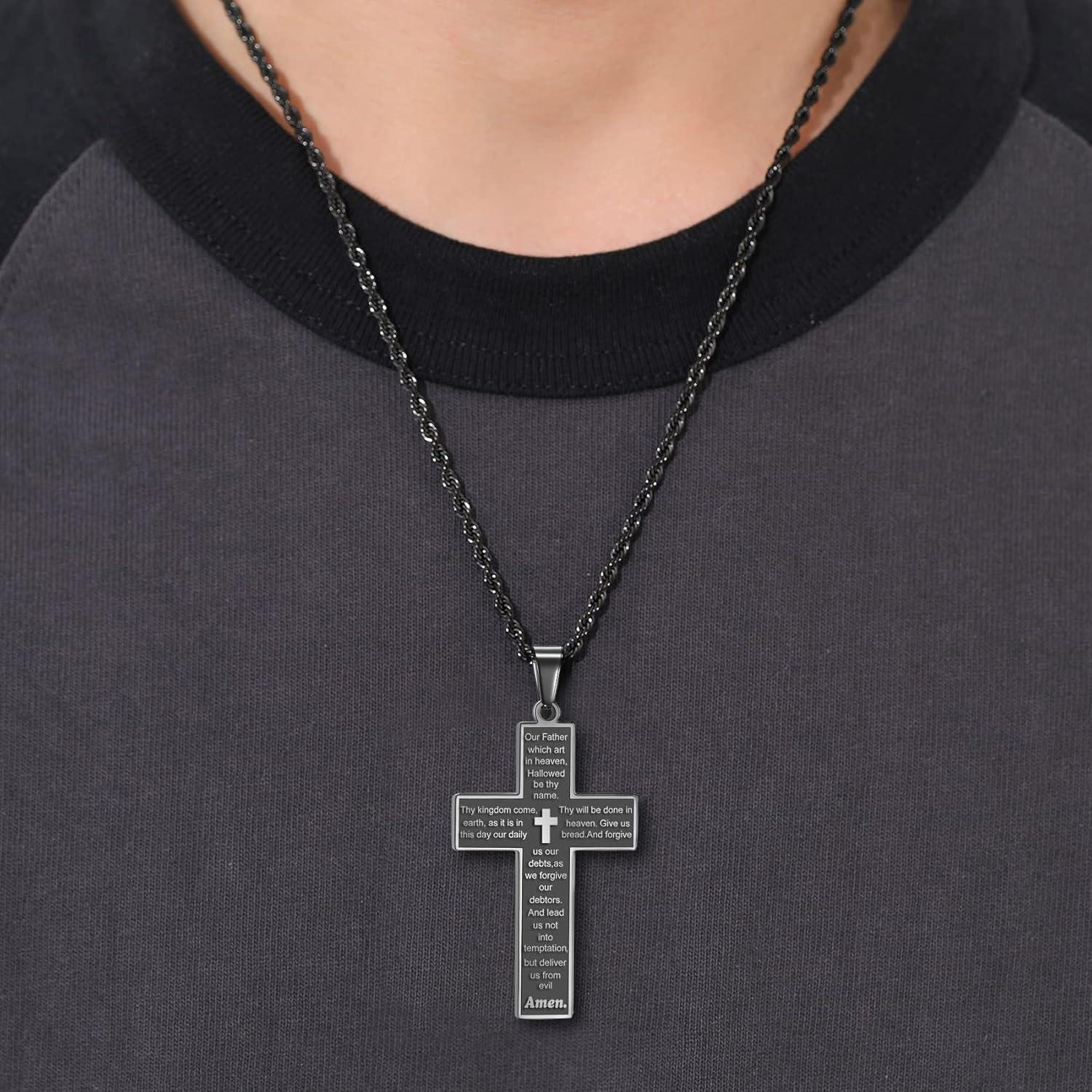 Herren Kreuz Kette Bibel Verse Anhänger Edelstahl 50-70cm Schwarz