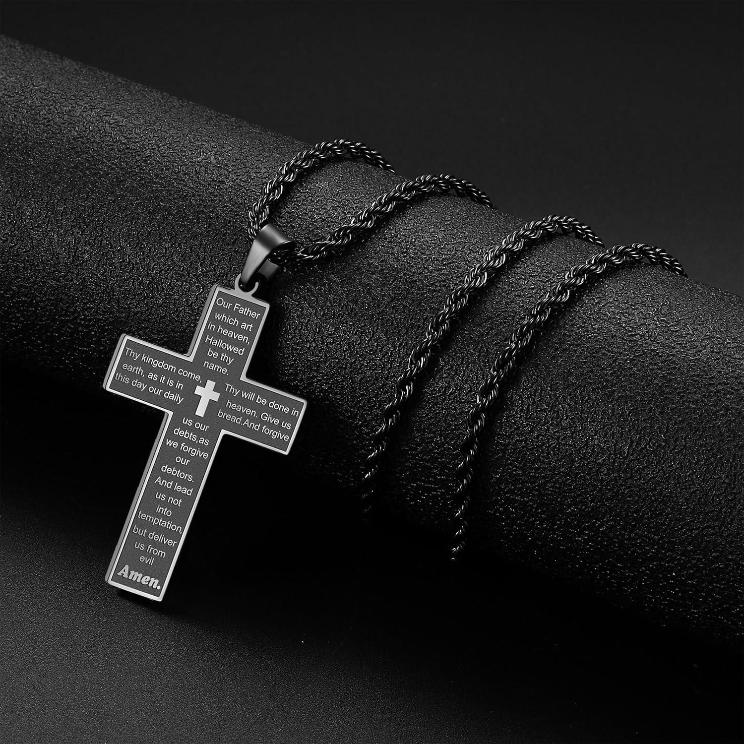 Herren Kreuzkette Edelstahl Bibel Verse Anhänger Schwarz 50-70cm