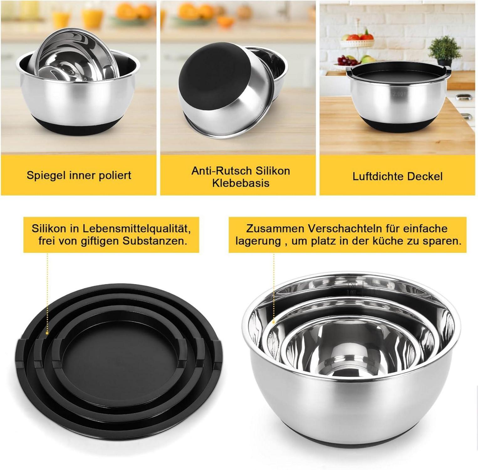 Edelstahl Schüssel Set mit Deckel und Reibenaufsätzen
