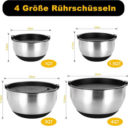 Edelstahl Salatschüssel Set 4-teilig mit Deckel Reibenaufsätzen