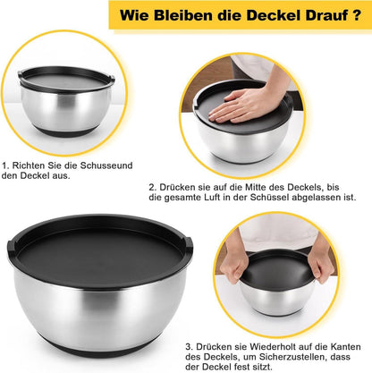 Bastwe Edelstahl Schüssel Set 4-teilig mit Deckel Reibenaufsätzen QT