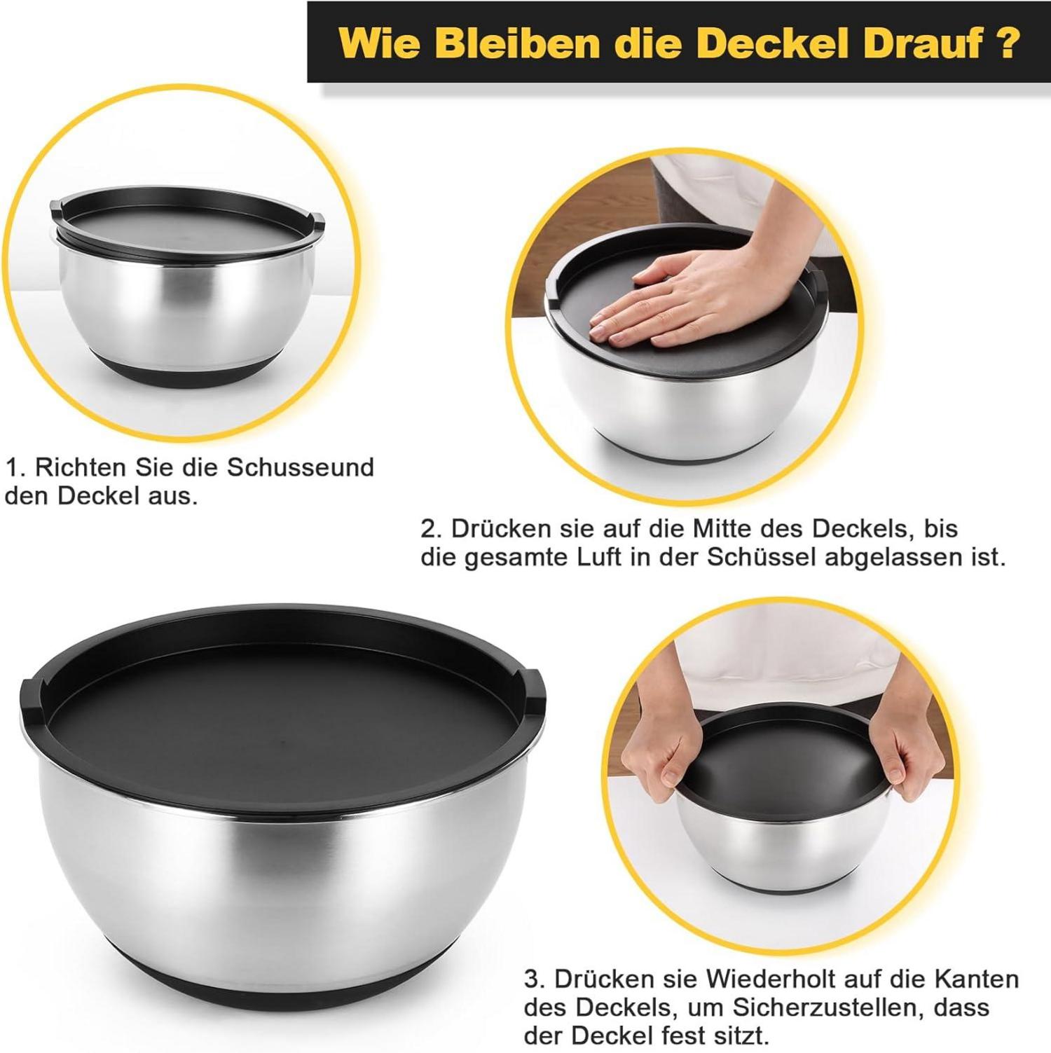 Edelstahl Salatschüssel Set 7-teilig mit Deckel und Reibaufsätzen