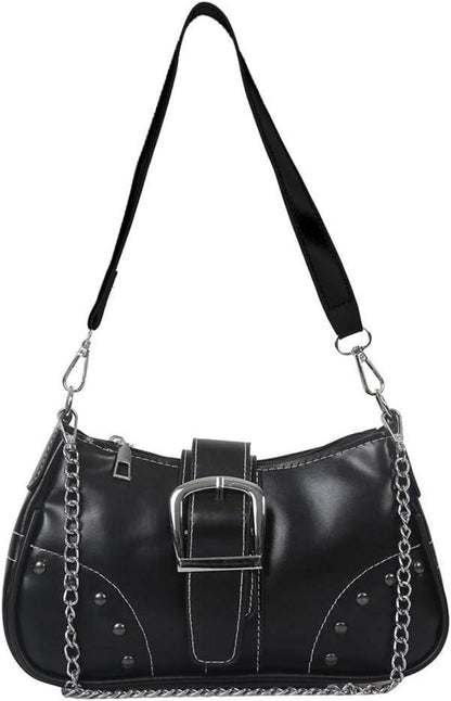Schwarze Leder Umhängetasche Vintage Y2k Stil Hobo mit Reißverschluss