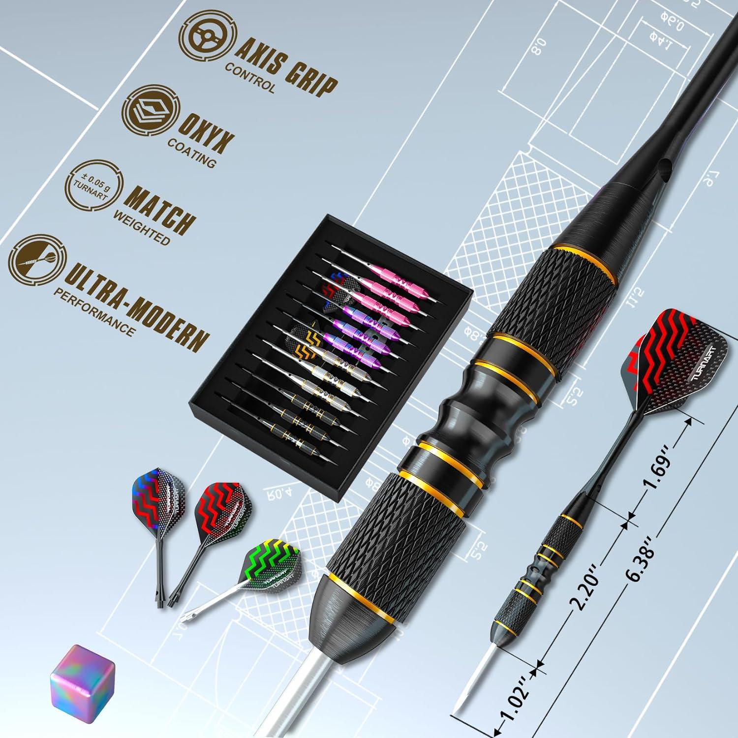 Profi Steeldarts mit Metallspitze, 12 Stück & Dart Case, Turnart