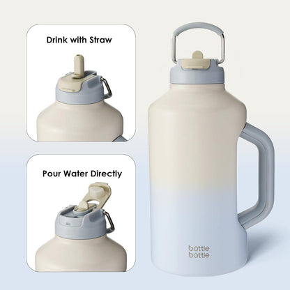 Isolierte Wasserflasche mit Strohhalm und doppeltem Deckel 1,8