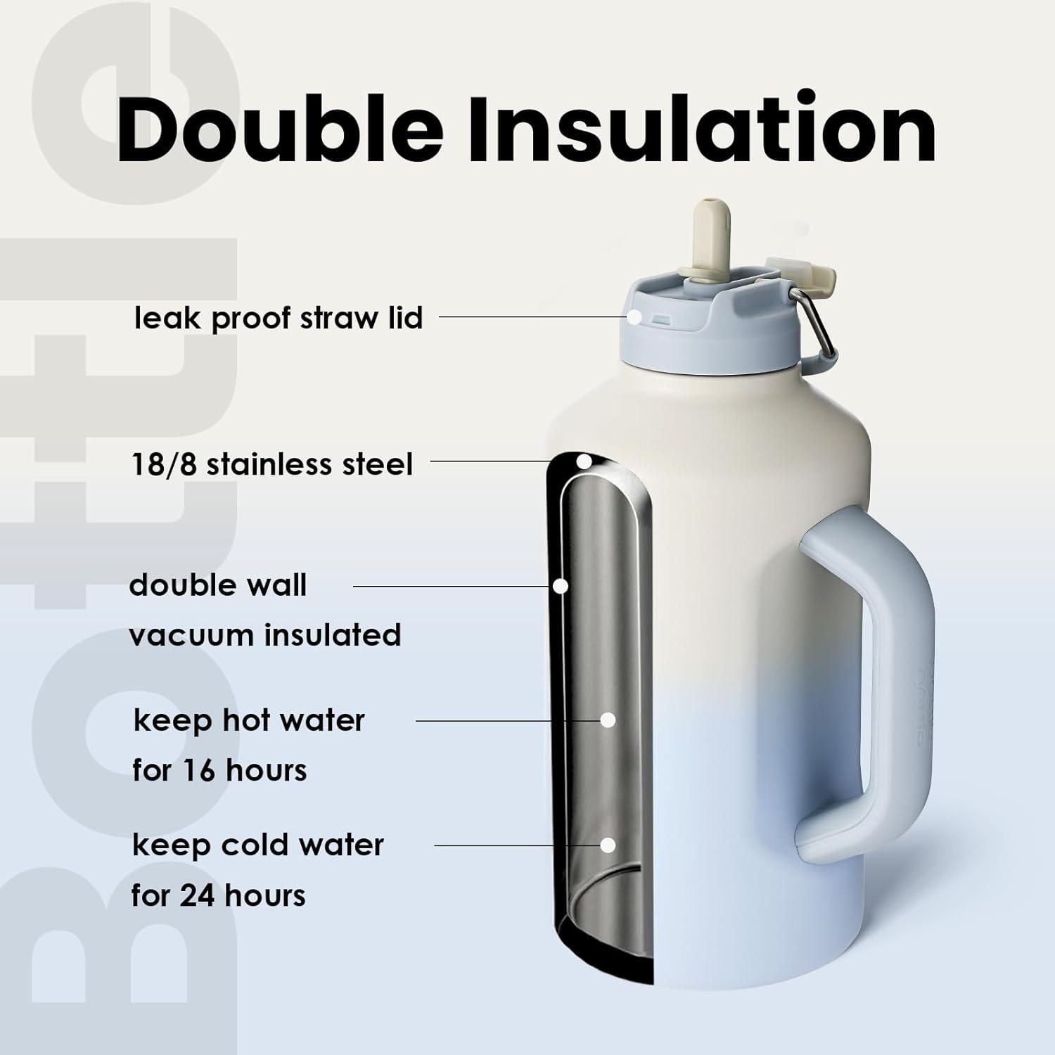 Isolierte Wasserflasche 1,8 l Strohhalm doppelter Deckel Sport Vakuum Edelstahl