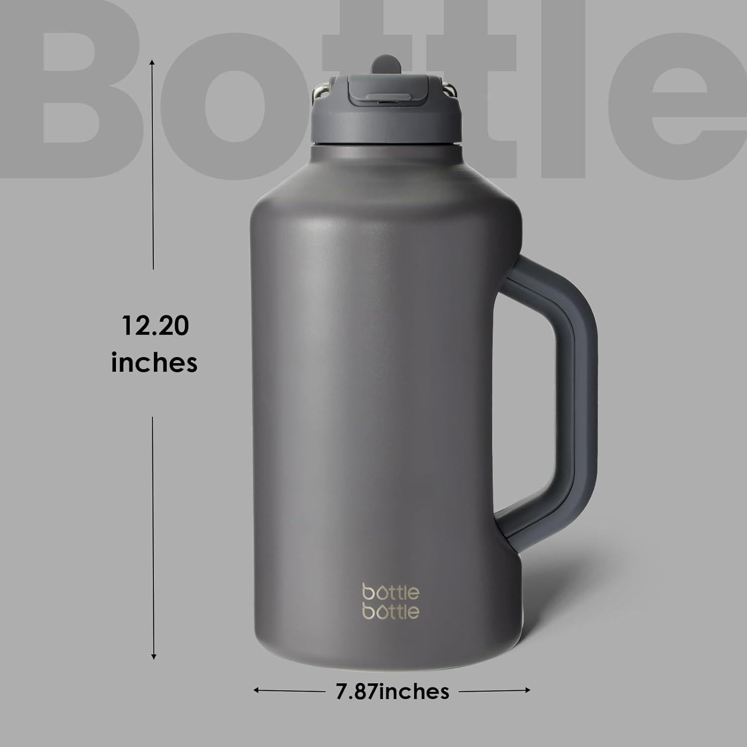Isolierte Wasserflasche mit Strohhalm, Vakuum-Edelstahl, 1,8 l, Grau