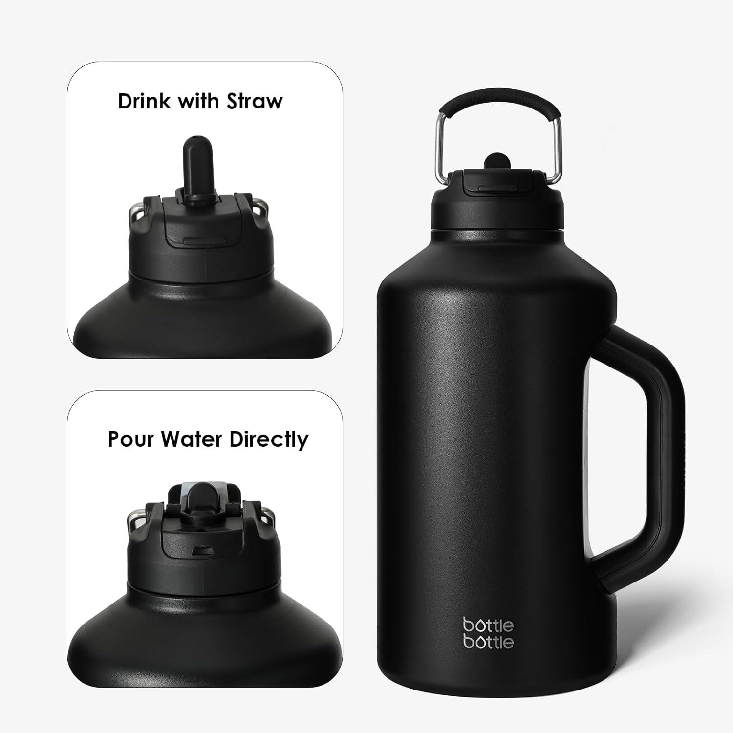 Isolierte Wasserflasche mit Strohhalm und doppeltem Deckel, 1,8 l Schwarz