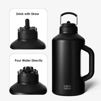 Isolierte Wasserflasche mit Strohhalm und doppeltem Deckel, 1,8 l Schwarz