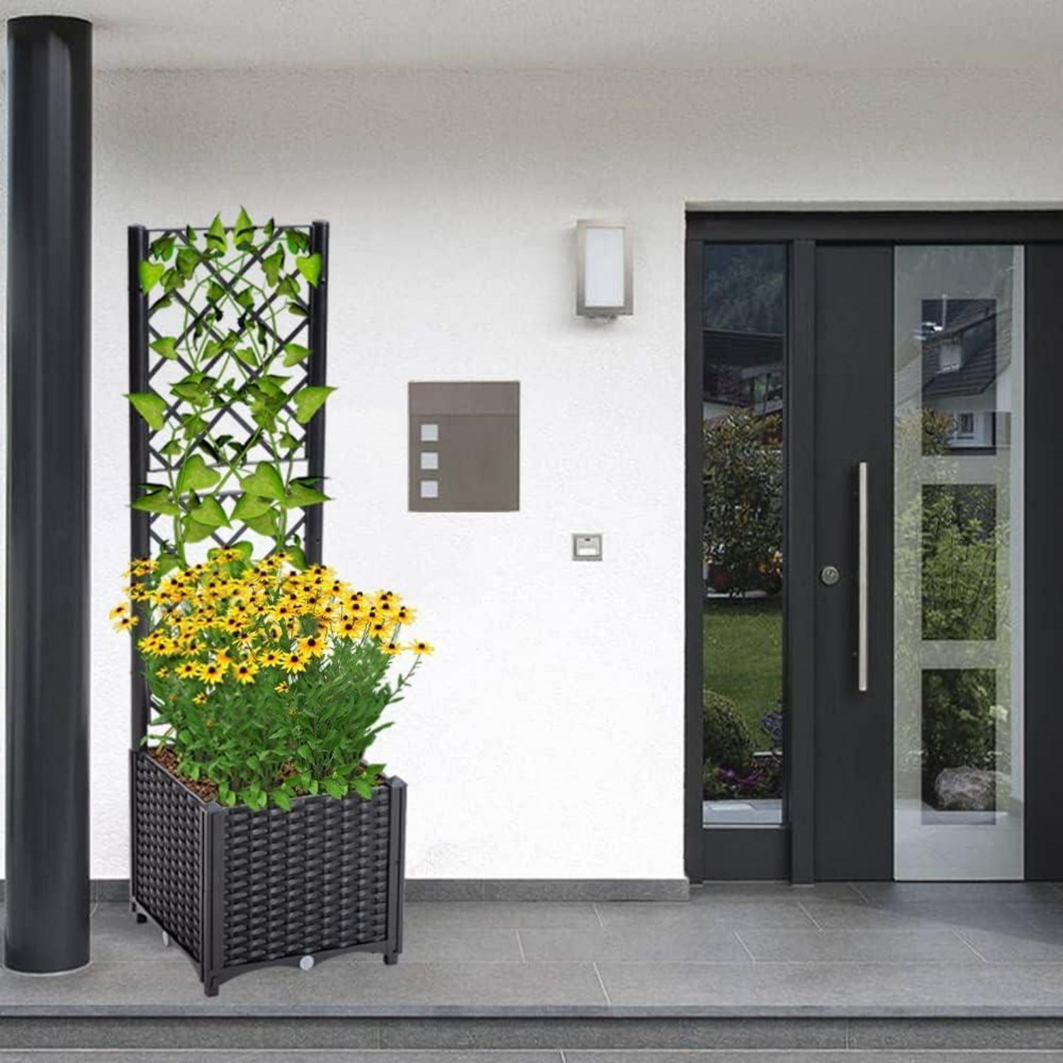 Mingone Pflanzkübel Spalier Rattan Selbstbewässerung Garten Schwarz 40x40x136cm